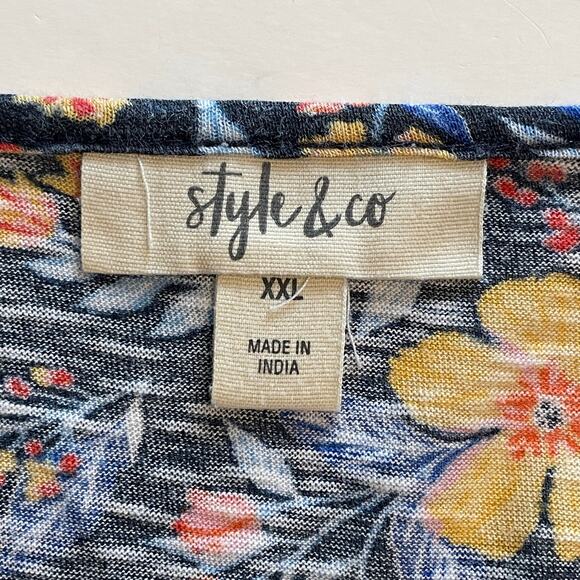 Style & Co Embroidered Floral Top Womens XXL Blue Yellow Peasant Boho Knit Tee - Picture 4 of 7